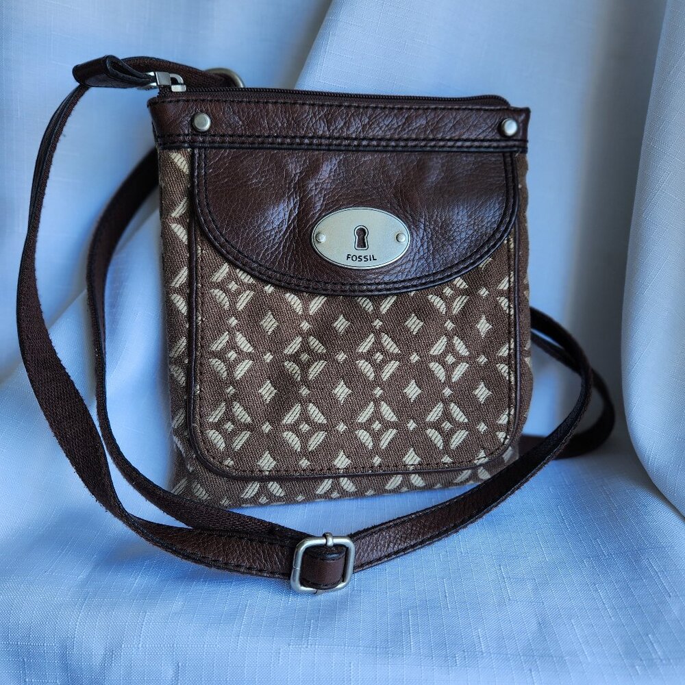 Fossil Leather/Cotton Brown Crossbody Bag/Purse